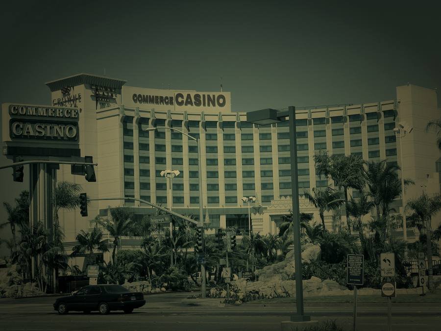 The Commerce Casino building and signage on Telegraph Road in Commerce, California