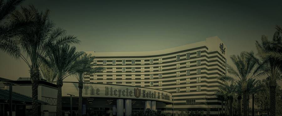 The hotel tower and signage at Parkwest Bicycle Casino in Bell Gardens, California