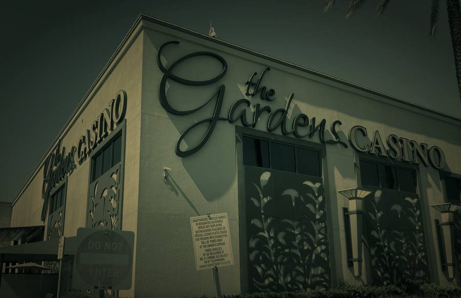 The Gardens Casino building and signage in Hawaiian Gardens, California